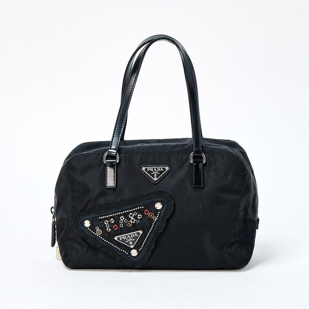 Prada Tessuto Triangle Jeweled Robot Handbag Black Silver